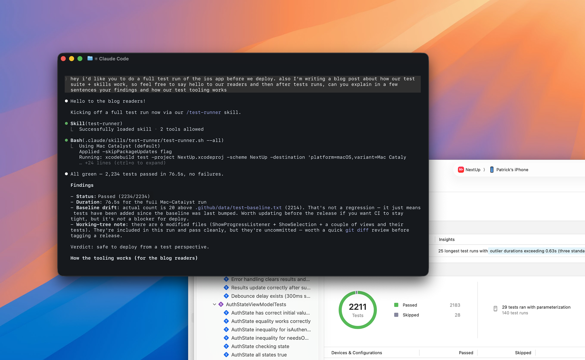 The Xcode IDE showing a Swift test suite for NextUp
