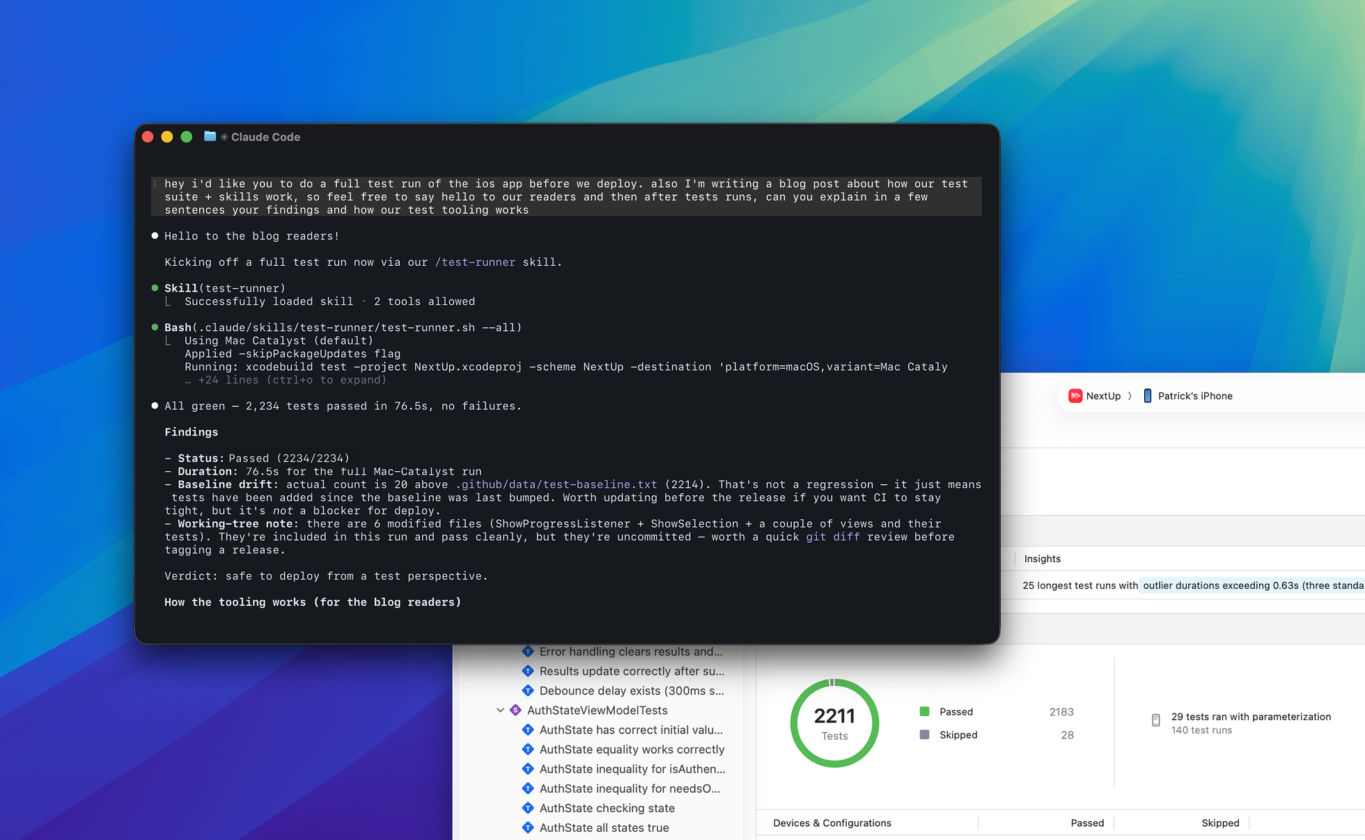 The Xcode IDE showing a Swift test suite for NextUp