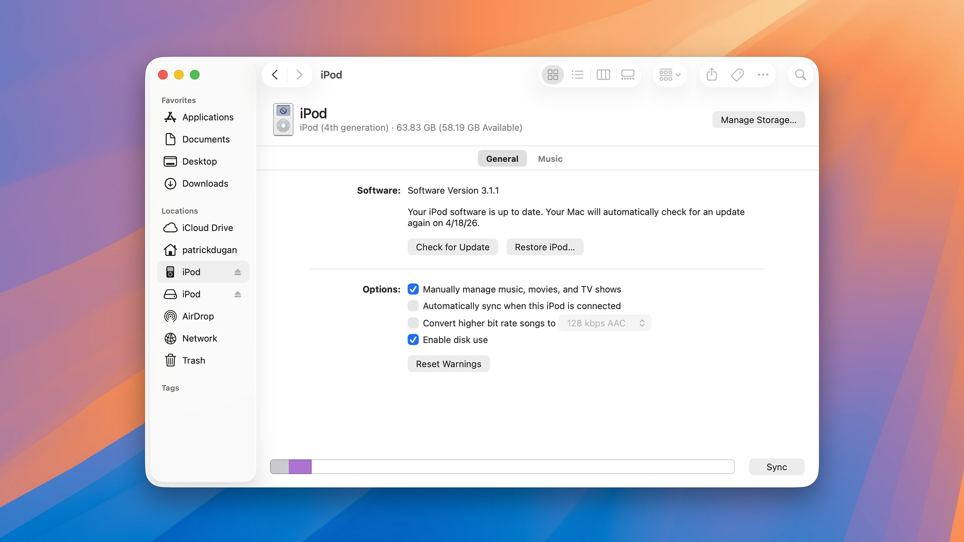 macOS Finder window titled iPod, with the device listed in the Locations sidebar. The General tab is selected, showing the iPod's name, generation, capacity (83.62 GB of 58.19 GB available), software version 3.1.1, sync options, and a progress bar at the bottom showing an active sync.