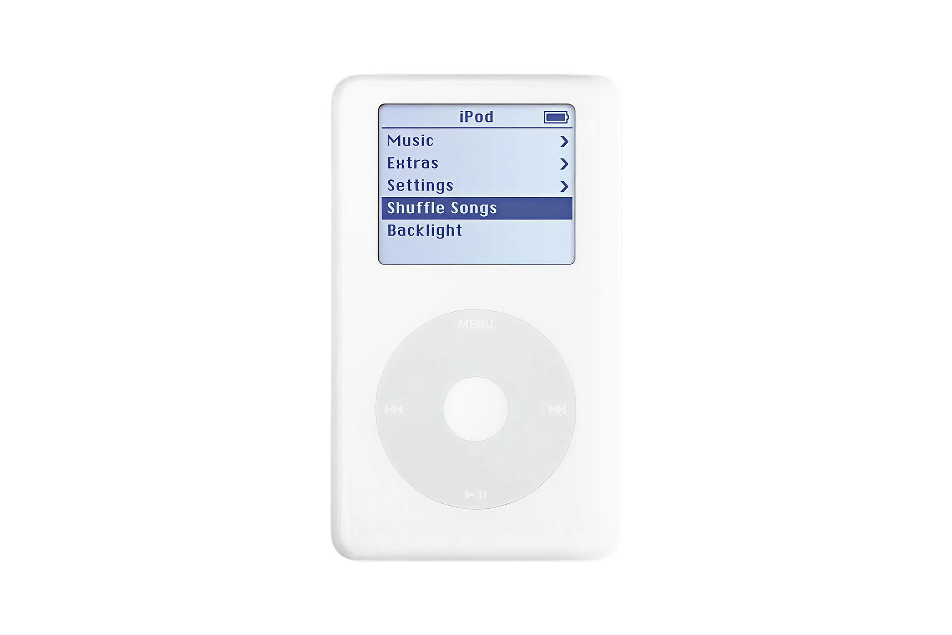 A 4th-generation iPod with white click wheel, screen lit showing the iPod main menu — Music selected, with Extras, Settings, Shuffle Songs, and Backlight below. Dock cable plugged in at the top, a white earbud resting at the base.