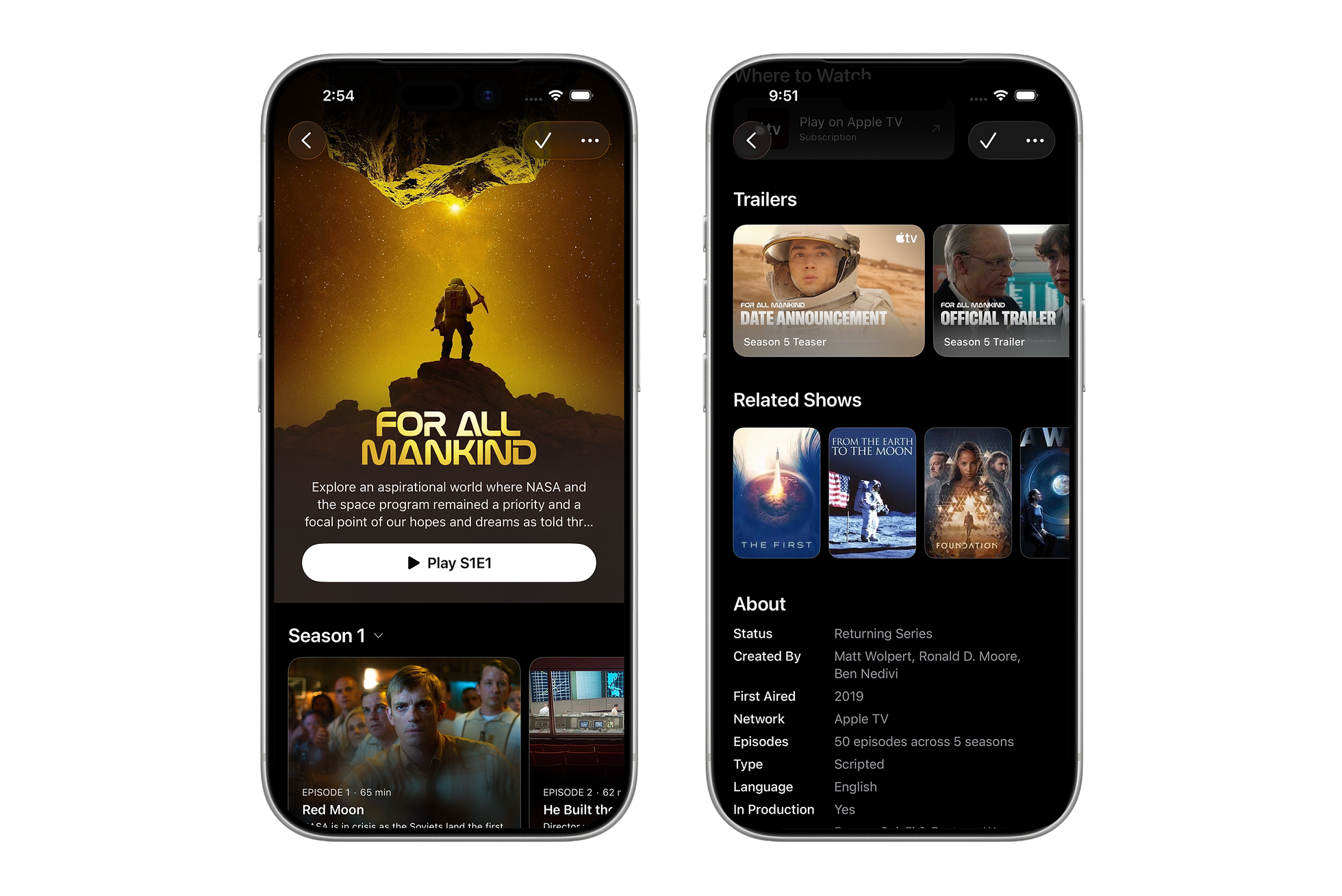 The NextUp show detail page for For All Mankind, with the related shows h-scroll visible
