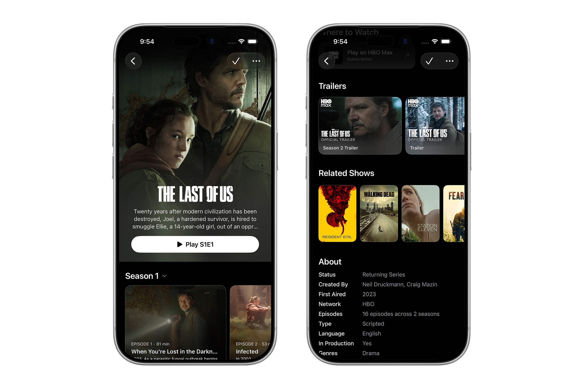 NextUp show detail page for The Last of Us with the related shows carousel visible.