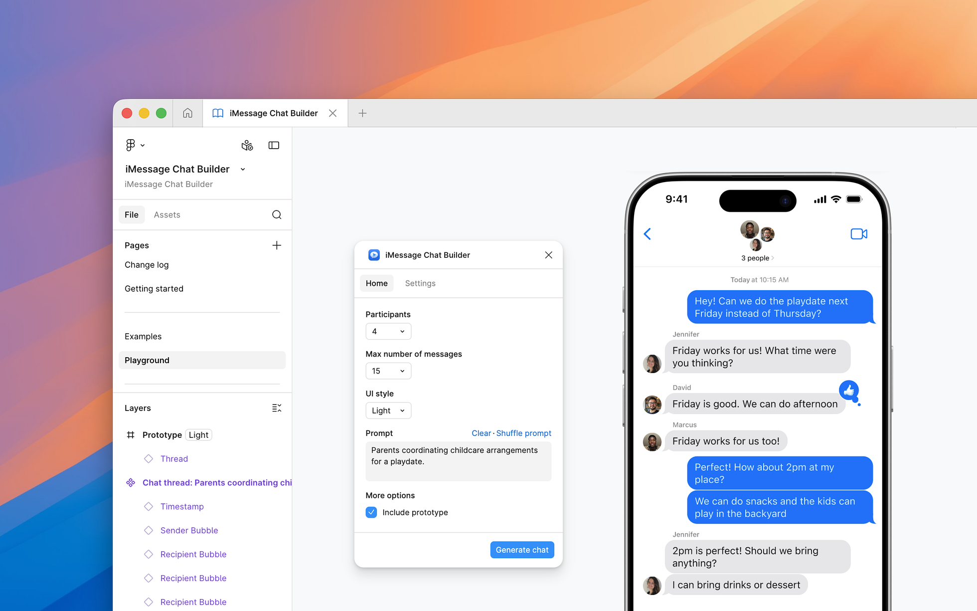 A generated iMessage conversation on the Figma canvas, alongside the iMessage Chat Builder plugin UI panel showing the prompt input and configuration controls.