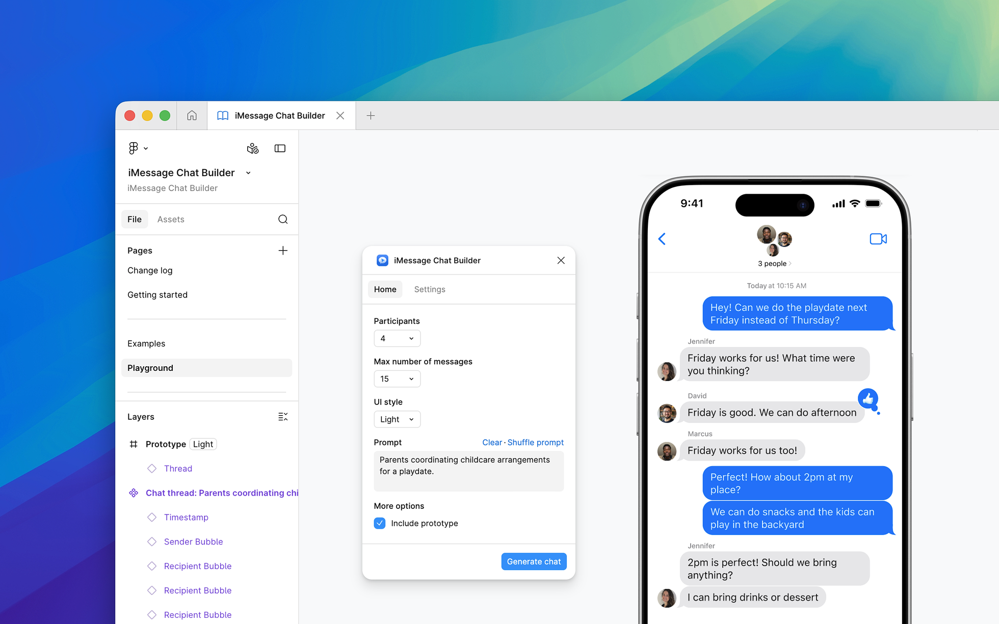 A generated iMessage conversation on the Figma canvas, alongside the iMessage Chat Builder plugin UI panel showing the prompt input and configuration controls.