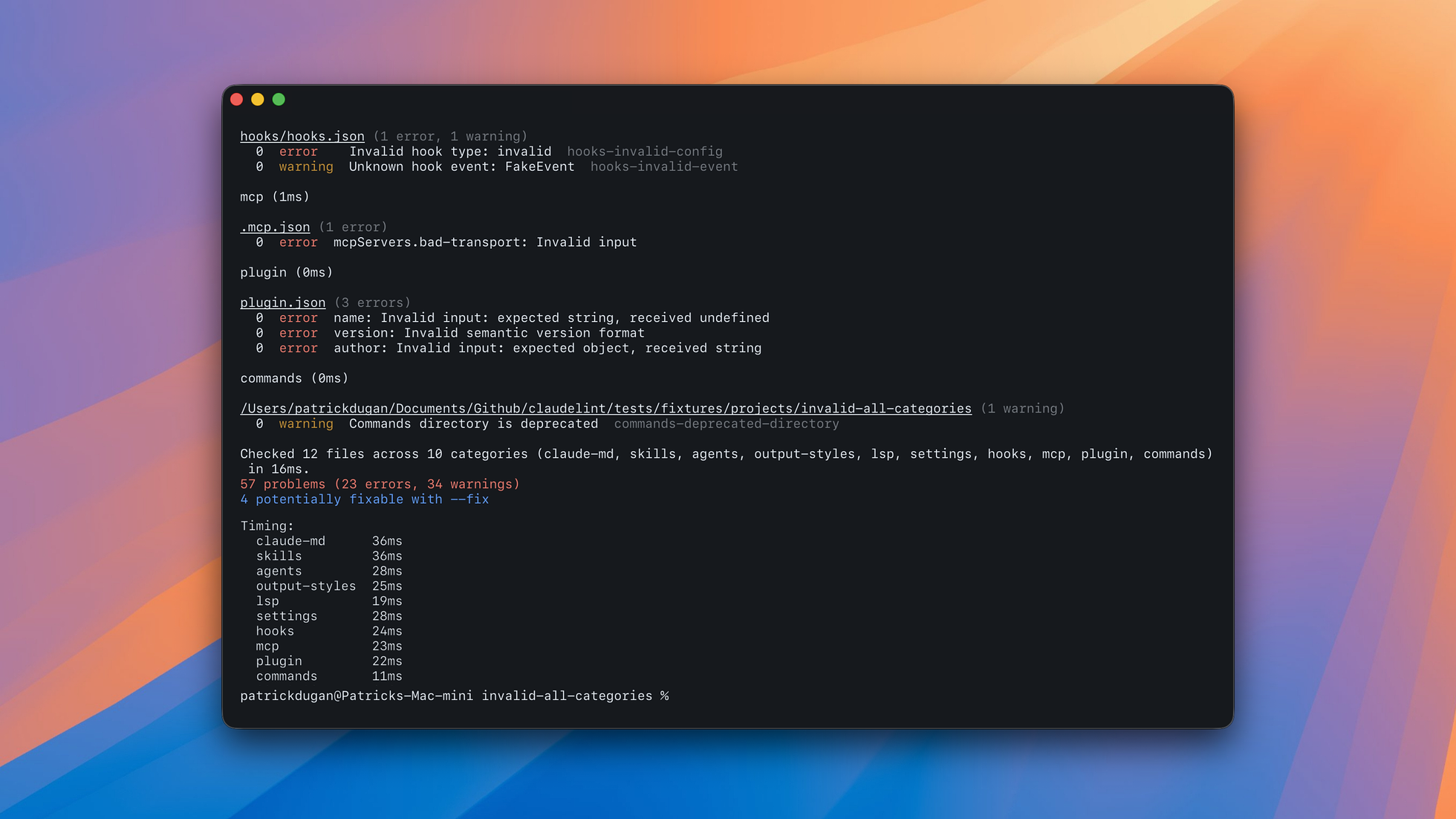A terminal running claudelint against a broken fixture, flagging errors in hooks.json, mcp.json, and plugin.json followed by a per-category timing breakdown.