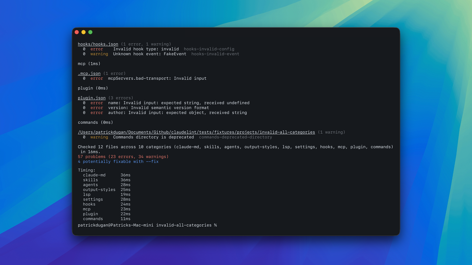 A terminal running claudelint against a broken fixture, flagging errors in hooks.json, mcp.json, and plugin.json followed by a per-category timing breakdown.
