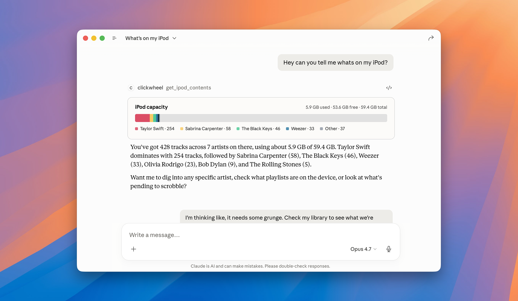 The Claude desktop app showing clickwheel's get_ipod_contents tool call. Claude reports 428 tracks across 7 artists, led by Taylor Swift, Sabrina Carpenter, The Black Keys, Weezer, Olivia Rodrigo, Bob Dylan, and The Rolling Stones, with 5.9 GB used of 59.4 GB.