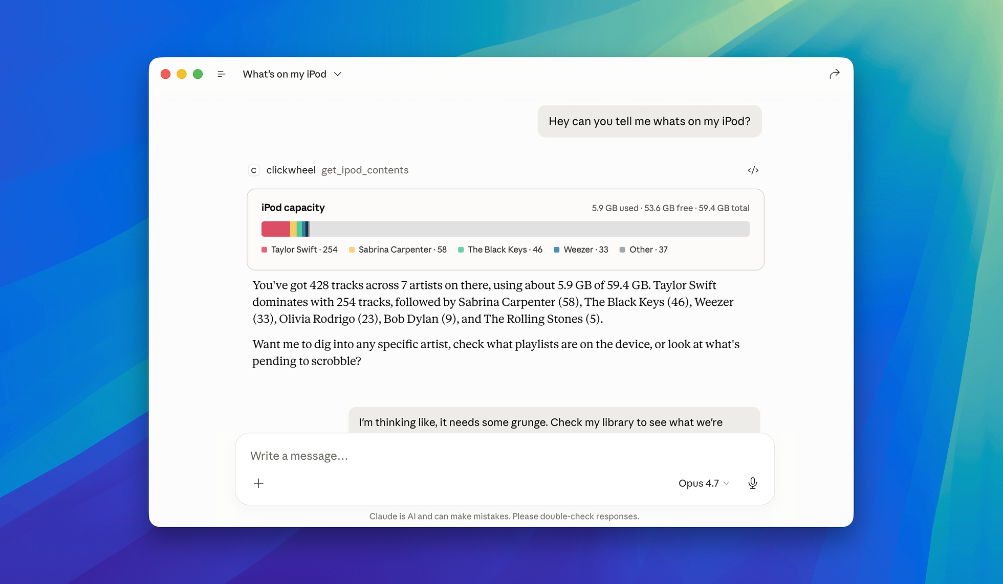 The Claude desktop app showing clickwheel's get_ipod_contents tool call. Claude reports 428 tracks across 7 artists, led by Taylor Swift, Sabrina Carpenter, The Black Keys, Weezer, Olivia Rodrigo, Bob Dylan, and The Rolling Stones, with 5.9 GB used of 59.4 GB.