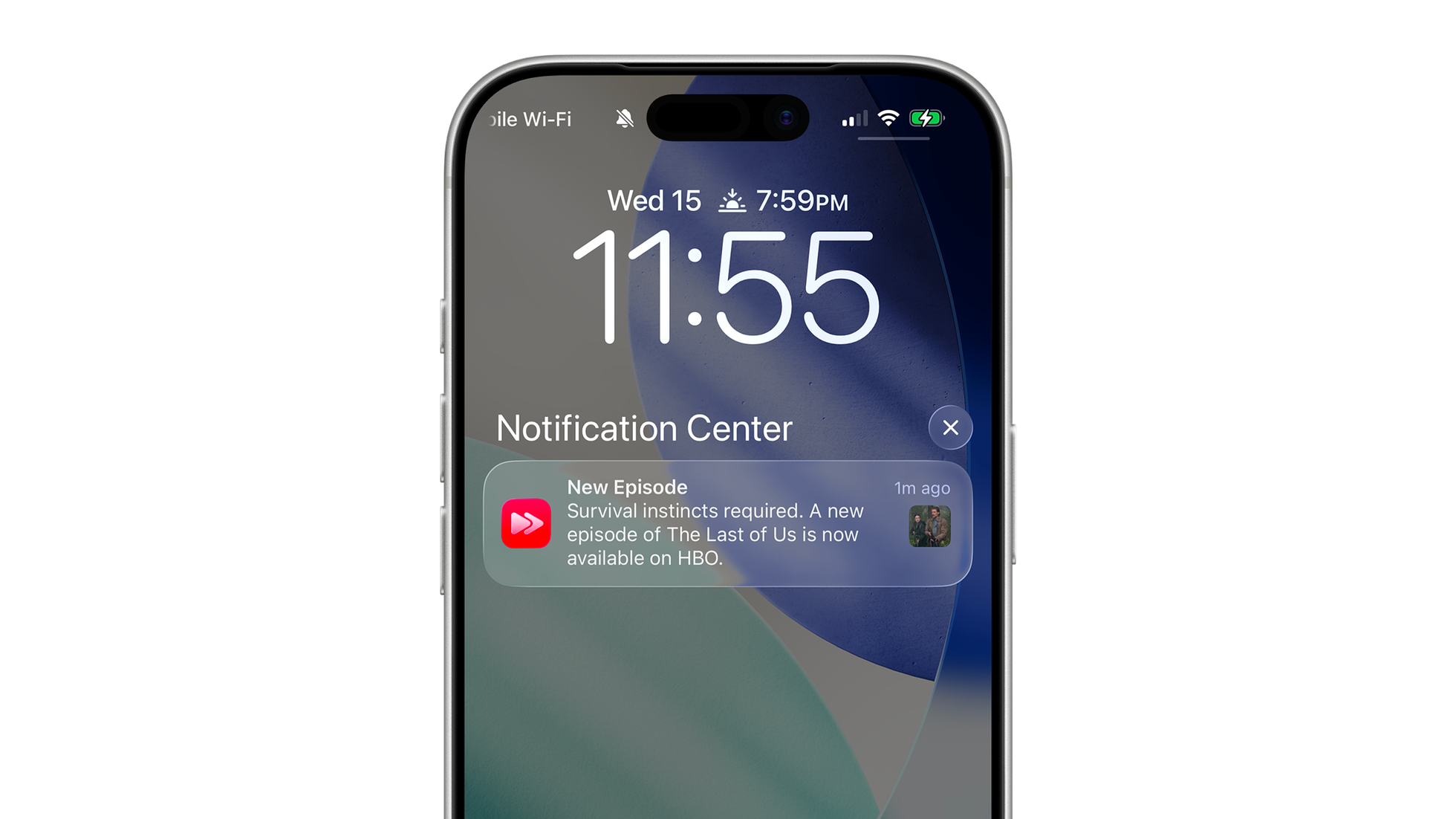 iPhone lock screen showing a NextUp notification for The Last of Us reading "New Episode — Survival instincts required. A new episode of The Last of Us is now available on HBO."