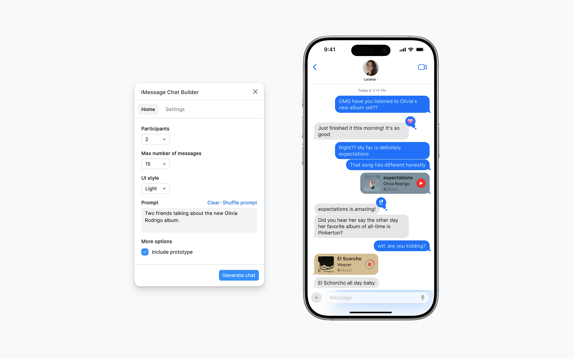 A generated iMessage conversation on the Figma canvas, alongside the iMessage Chat Builder plugin UI panel showing the prompt input and configuration controls.
