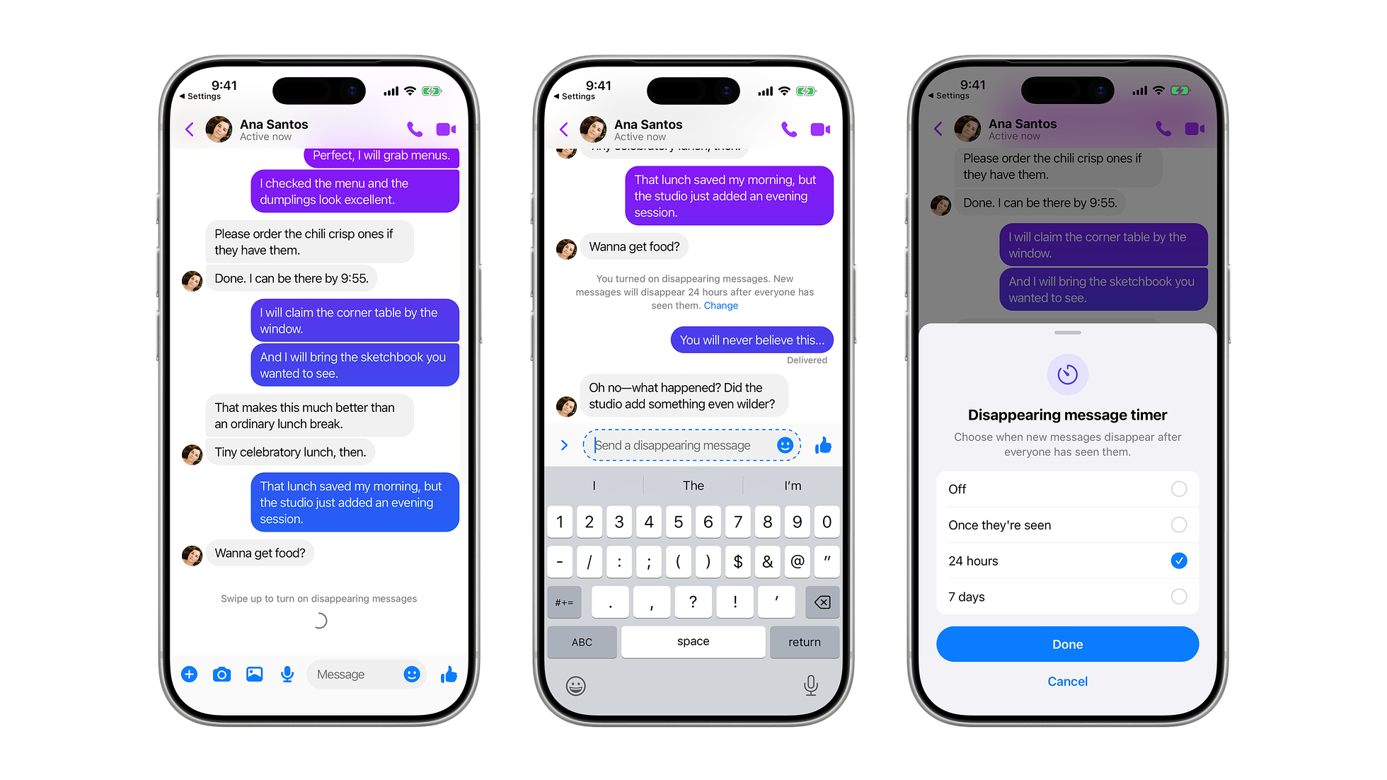 A Messenger end-to-end encrypted chat with the disappearing-messages timer turned on, showing the countdown indicator in the conversation header.