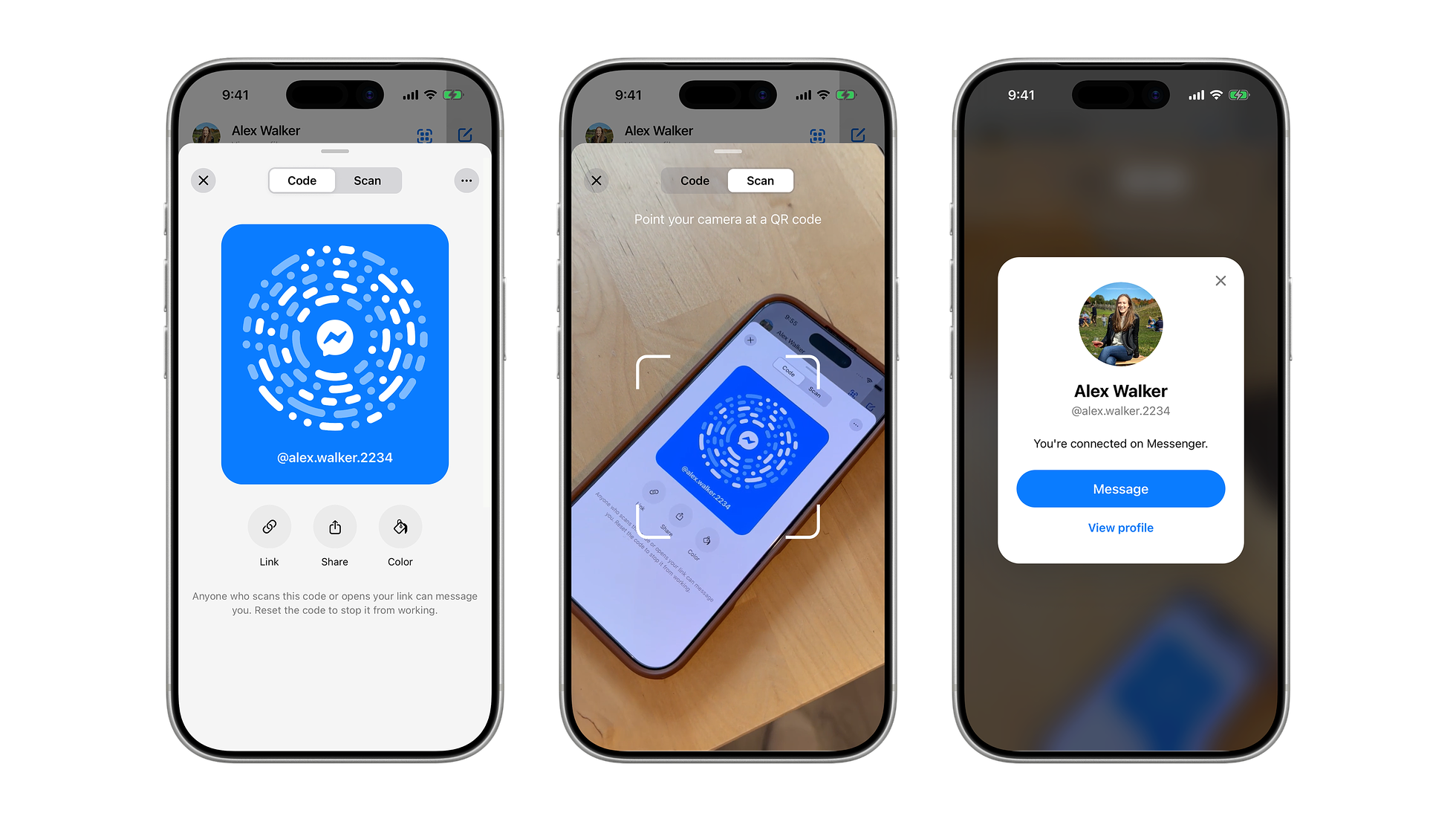 Two phones side by side, one showing a personal Messenger QR code and the other scanning it with the in-app camera to start a conversation.