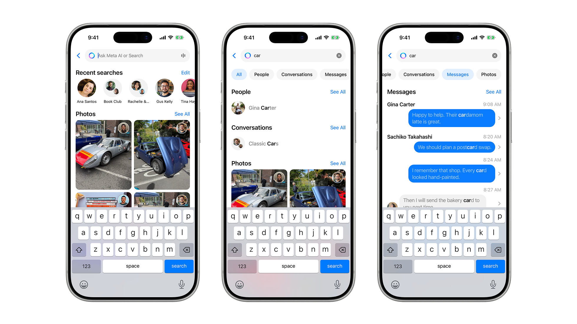 Three Messenger search screens showing recent searches, grouped results for people, conversations and photos, and filtered message results.