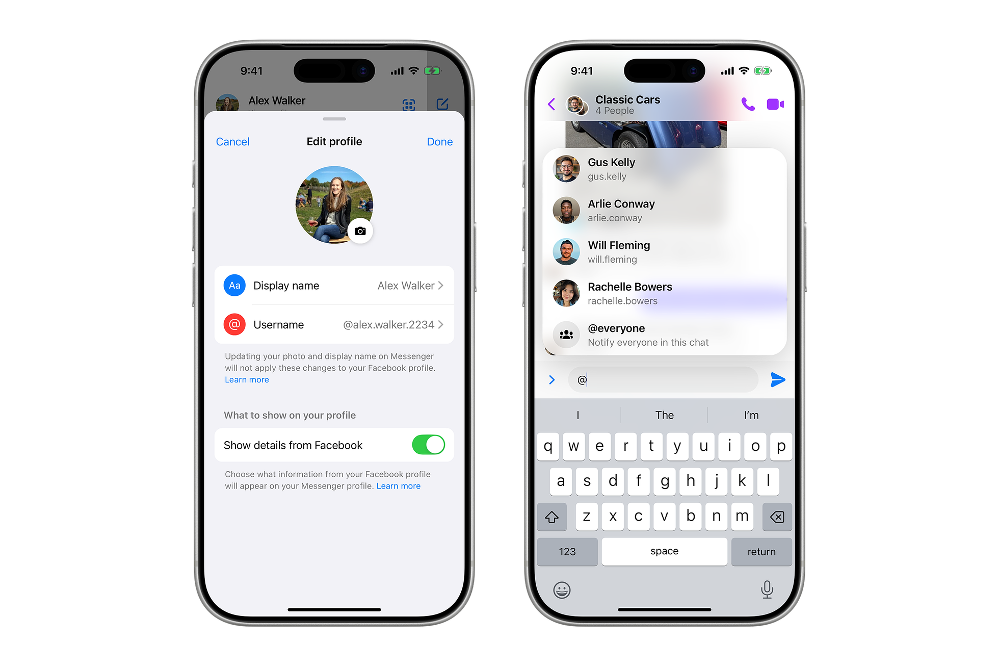 Two Messenger screens showing a username on a profile and username suggestions in a group chat.