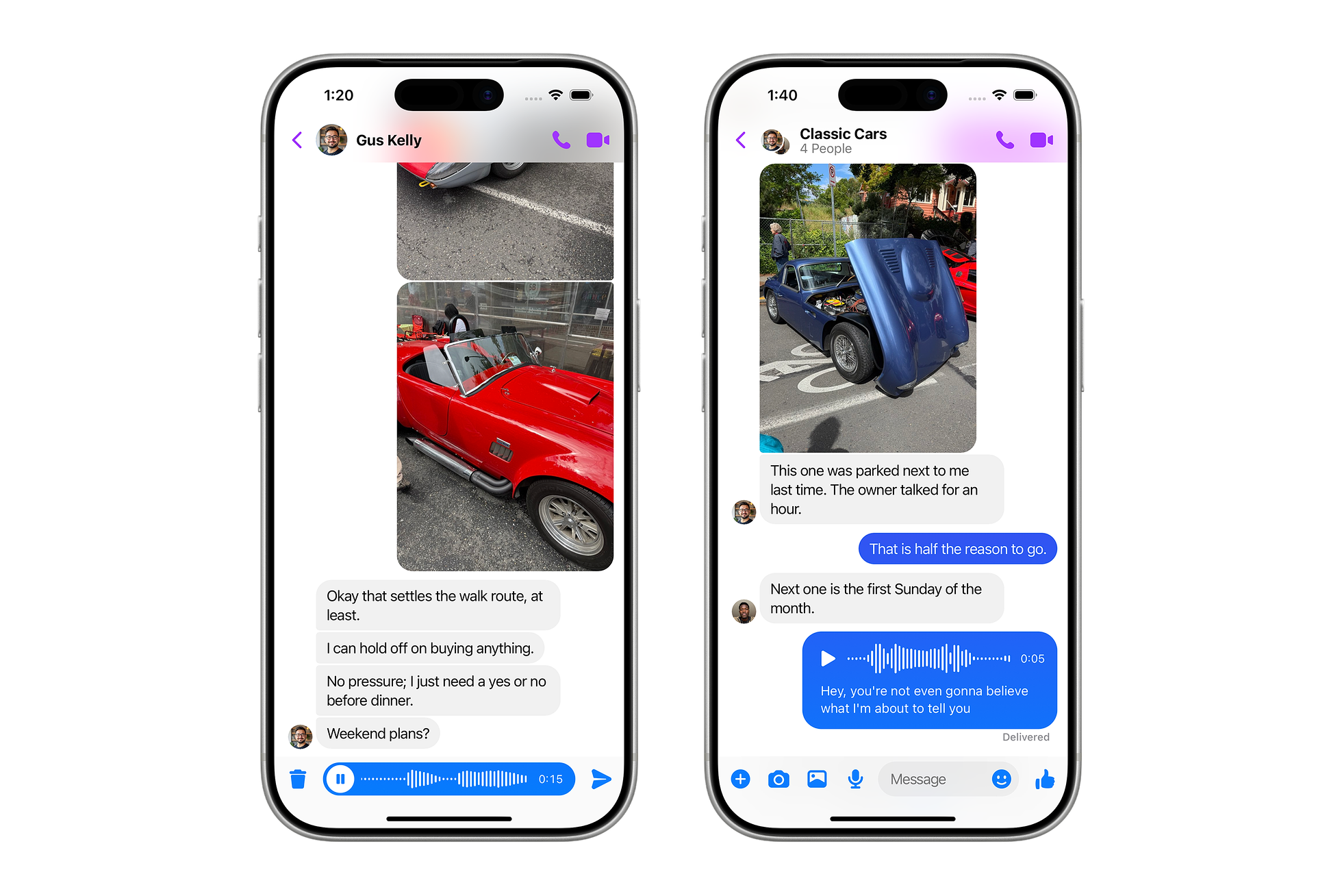 Two Messenger screens showing a voice note being recorded and a sent voice note with its automatic transcript.