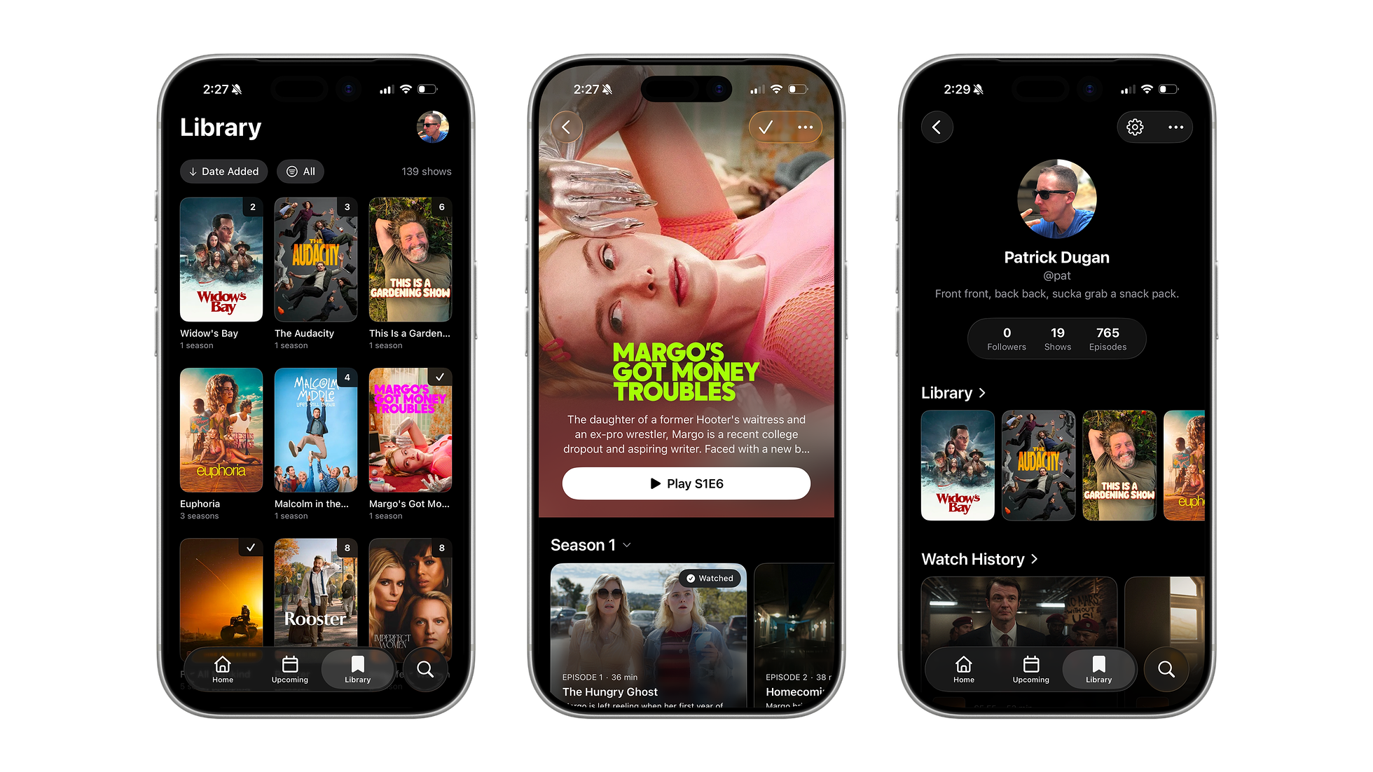 Three iPhones showing the NextUp iOS app: a Library tab listing tracked shows by date added, a show detail page with key art and episode list, and the user profile screen with library grid and watch history.