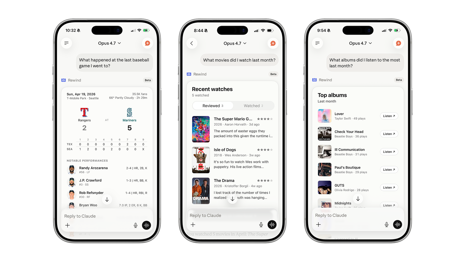 Three iPhones showing the Claude iOS app querying Rewind: a baseball game I attended with box score and standout performances, recent movies I've watched with ratings, and my most-played albums from the last month.