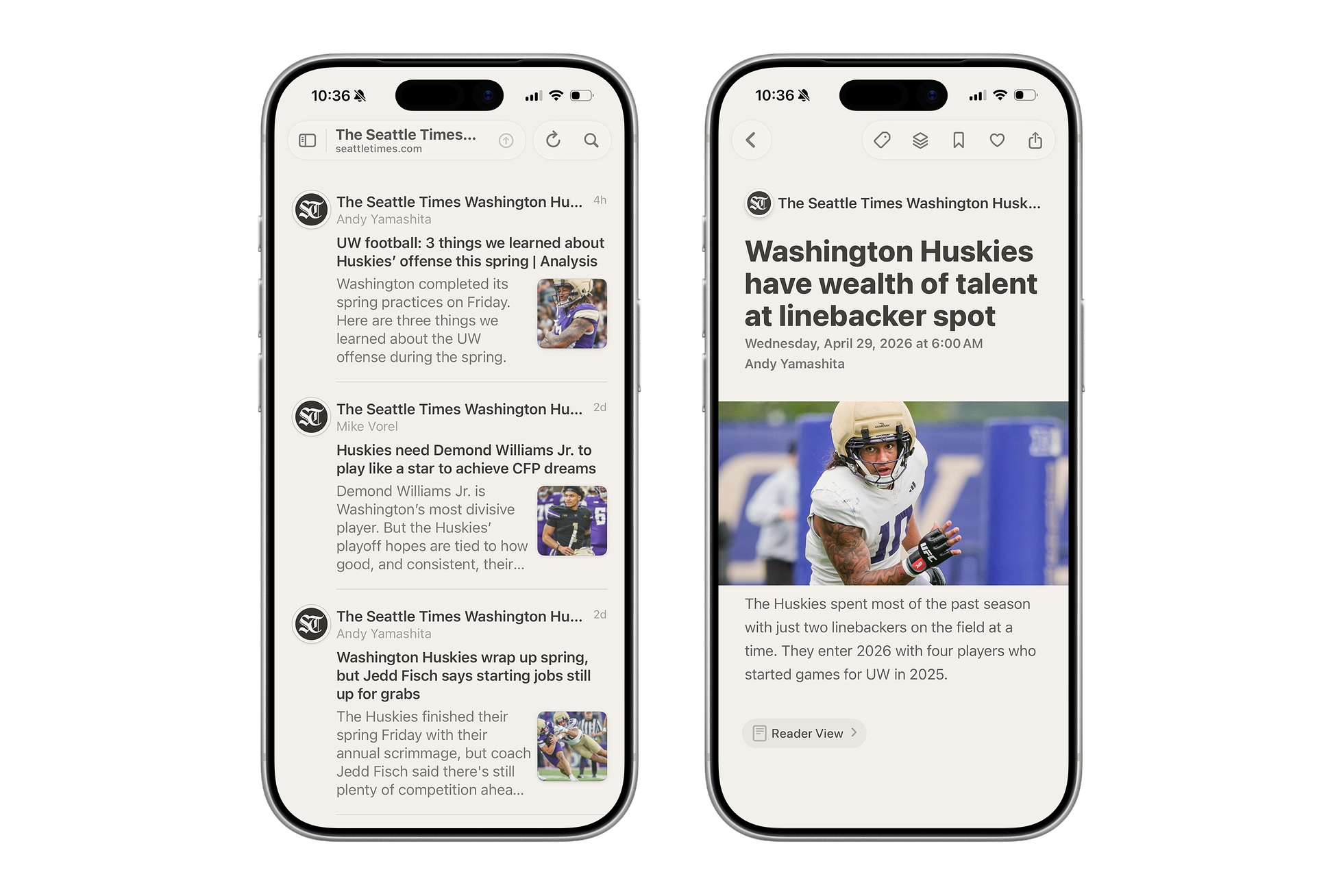 Two iPhones showing rss-feed-generator's Seattle Times Washington Huskies feed in the Reeder RSS app: a list of recent articles on the left, and an article detail with a UW practice photo on the right.