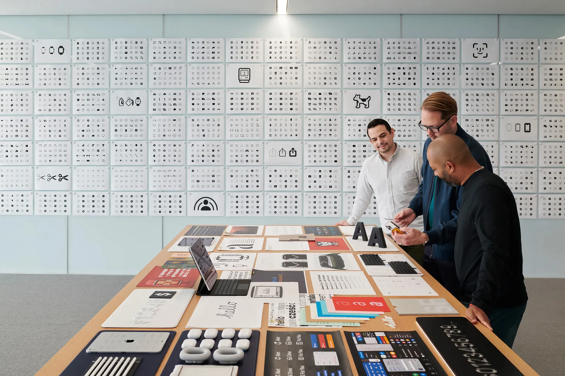 Three members of Apple's graphic design team standing at a large wooden table in the Apple Park studio. The table is covered in full-scale printed layouts of SF Symbols, type specimens, and UI artwork, with a few physical devices and letter sculptures scattered across it. Behind them, the studio wall is papered floor to ceiling with printed sheets of icon specimens. One designer holds an iPhone; the others study it with him.