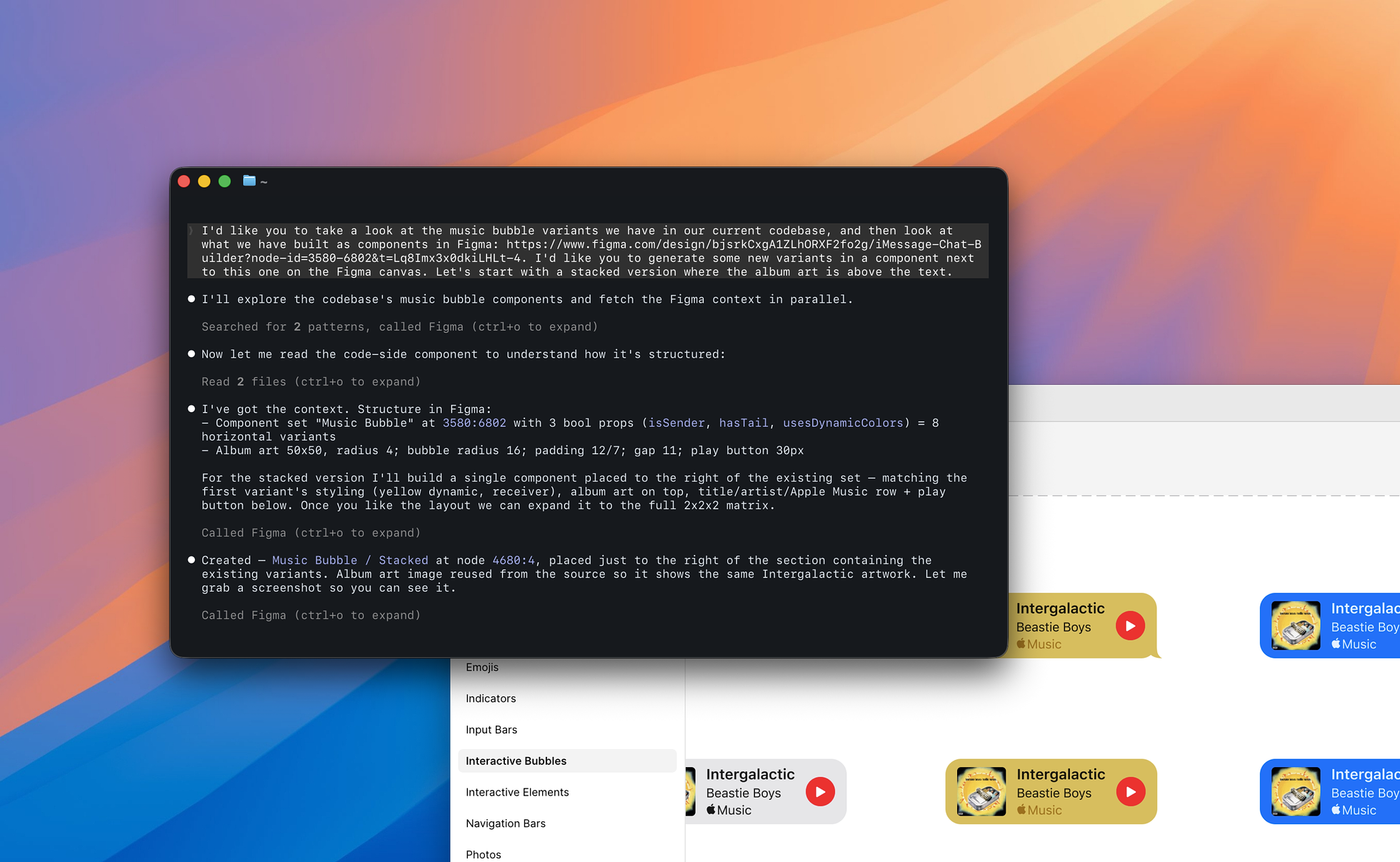 A Claude Code terminal window in the foreground mid-session, working through the music-bubble Figma plugin — narrating its plan, building components, reviewing variants. Behind the terminal, a Figma canvas shows the actual output: multiple album-art music-bubble variants with the Beastie Boys and Intergalactic laid out as live components.