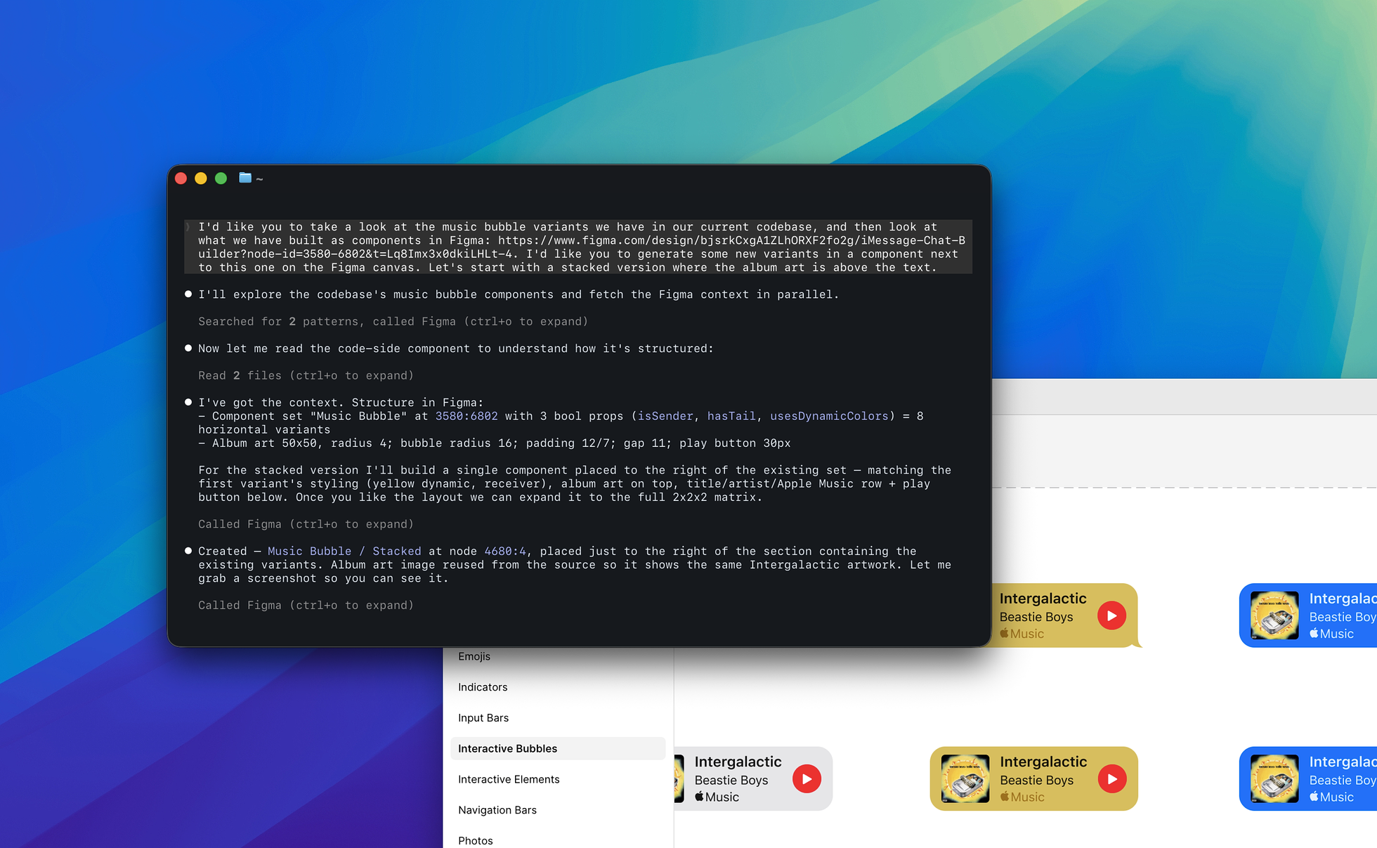 A Claude Code terminal window in the foreground mid-session, working through the music-bubble Figma plugin — narrating its plan, building components, reviewing variants. Behind the terminal, a Figma canvas shows the actual output: multiple album-art music-bubble variants with the Beastie Boys and Intergalactic laid out as live components.
