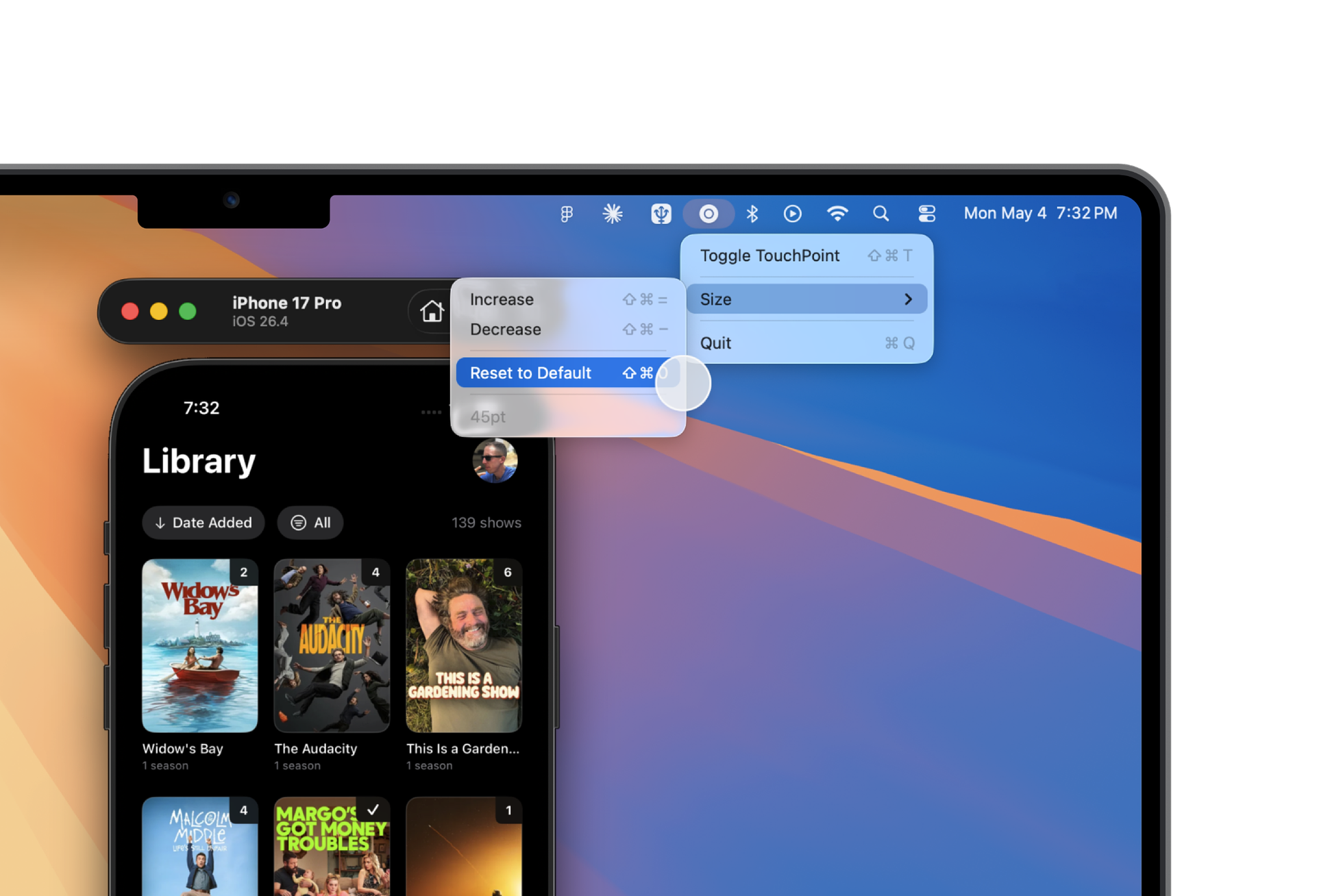 A Mac desktop with the TouchPoint menu bar icon visible at the top right and a translucent touch-style circle overlaid on the screen where the cursor would normally be.