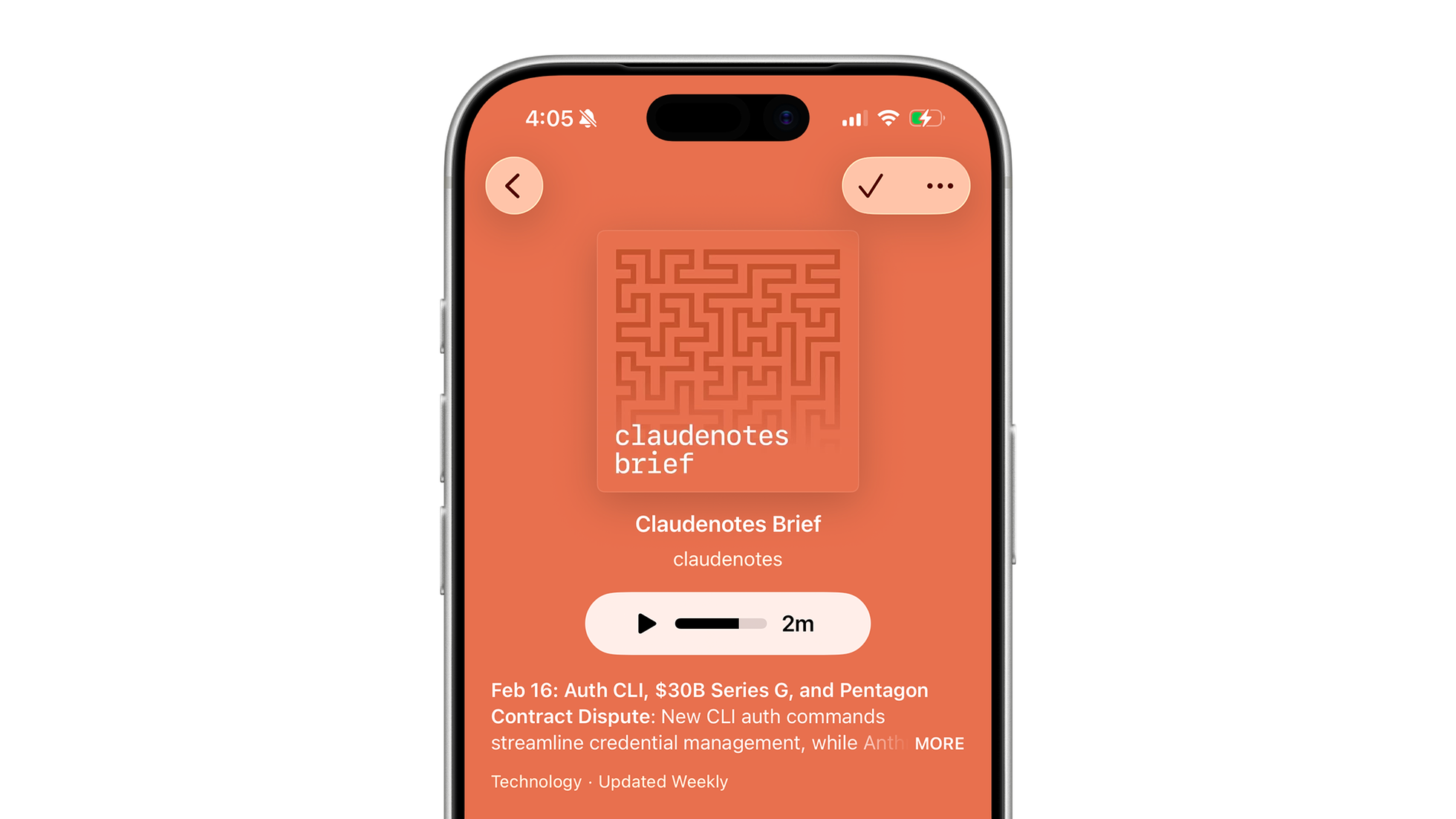 The claudenotes brief podcast shown in Apple Podcasts, with algorithmically generated meander artwork