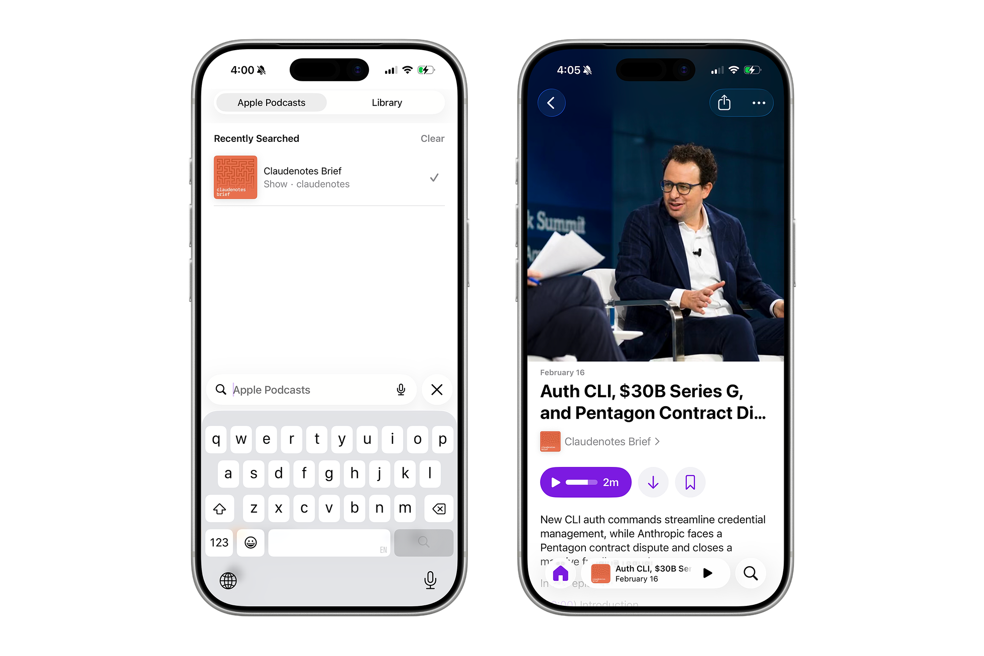 The claudenotes brief podcast in Apple Podcasts — search results on the left, an episode detail page on the right