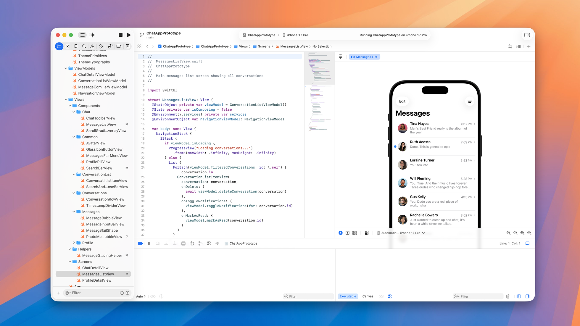 Xcode on macOS with the ChatAppPrototype SwiftUI project open — the MessagesListView source on the left and a live iPhone 17 Pro simulator preview of the Liquid Glass Messages screen on the right.