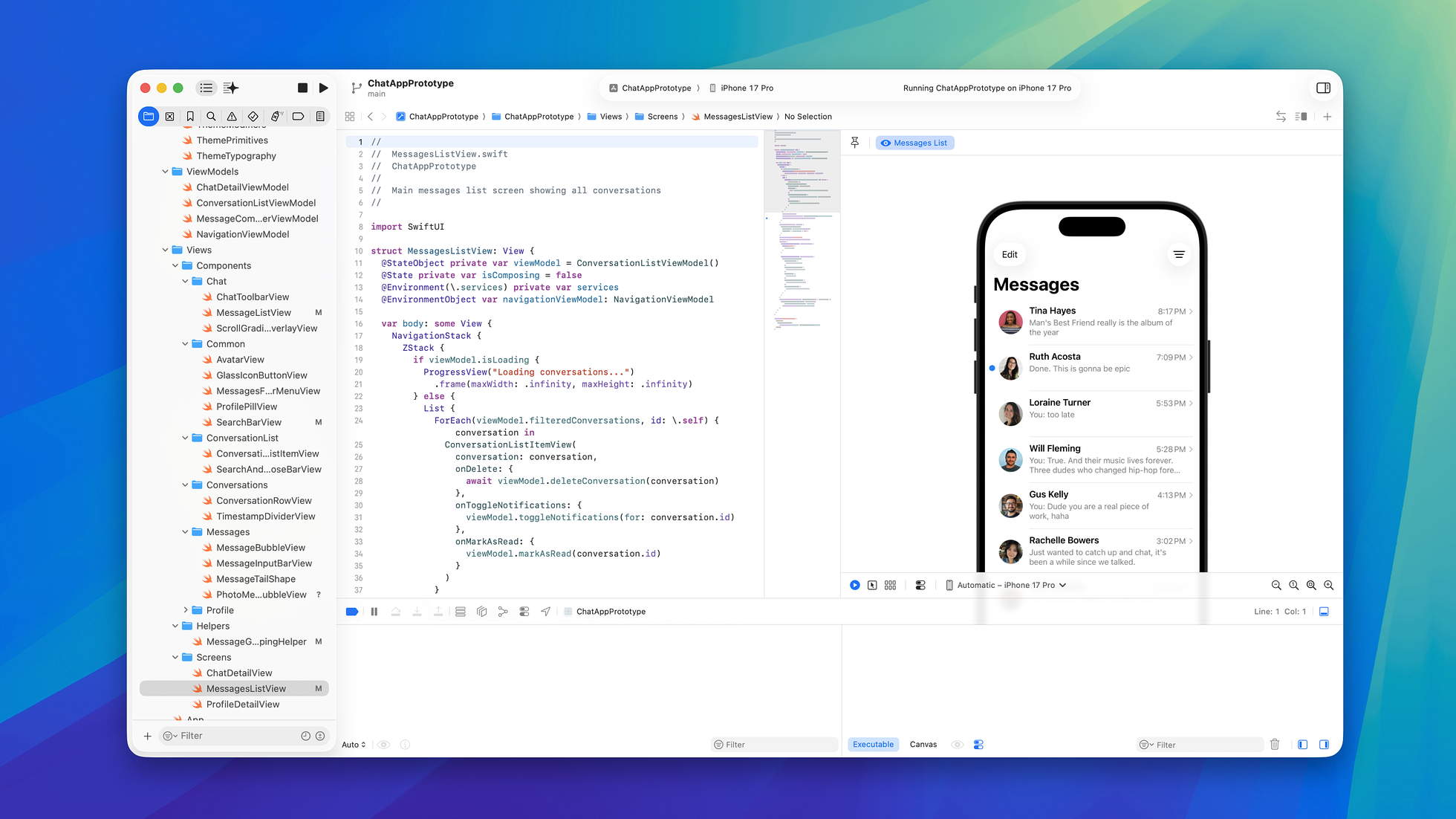 Xcode on macOS with the ChatAppPrototype SwiftUI project open — the MessagesListView source on the left and a live iPhone 17 Pro simulator preview of the Liquid Glass Messages screen on the right.