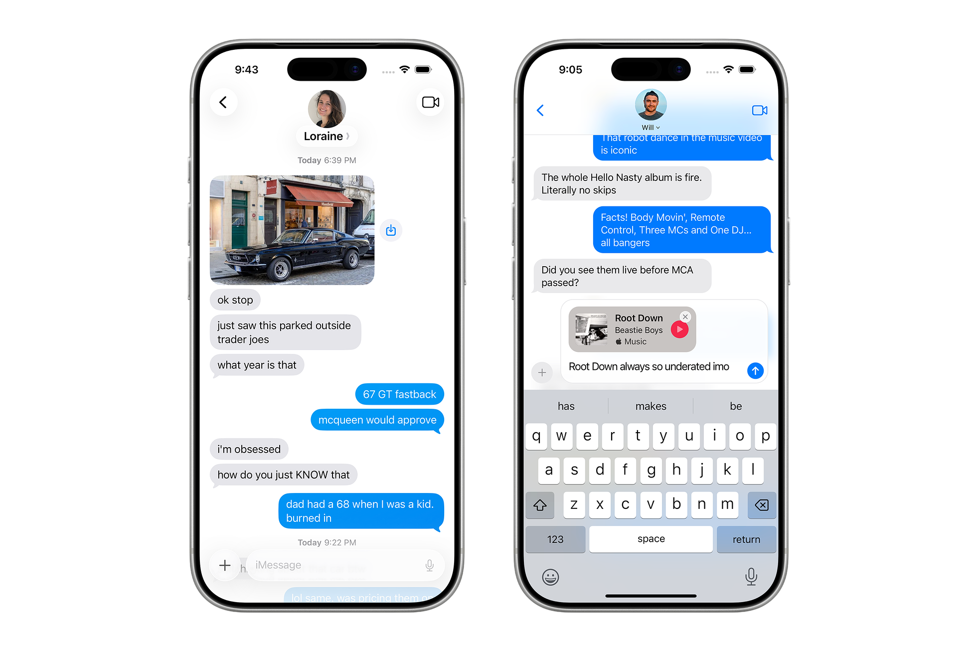 Two iPhones side by side — the SwiftUI ChatAppPrototype on the left showing the Messages UI rendered with Liquid Glass, and the React Native chat-app-prototype on the right showing a conversation with a music bubble.