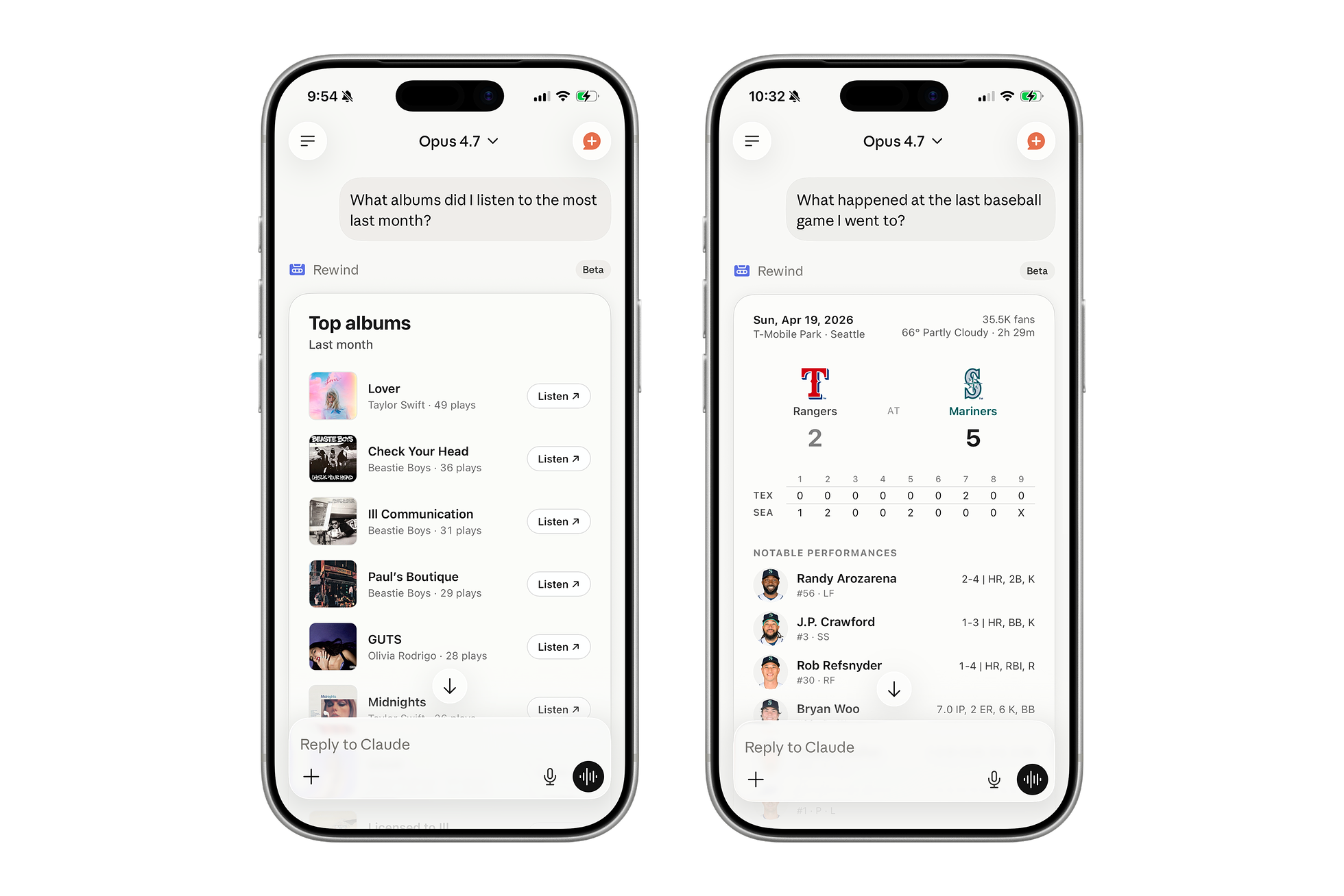 Two iPhone screens side-by-side showing Claude on iOS using the Rewind MCP server. The left screen answers "What albums did I listen to the most last month?" with a Top Albums list. The right answers "What happened at the last baseball game I went to?" with a Mariners vs Rangers box score and notable performances.