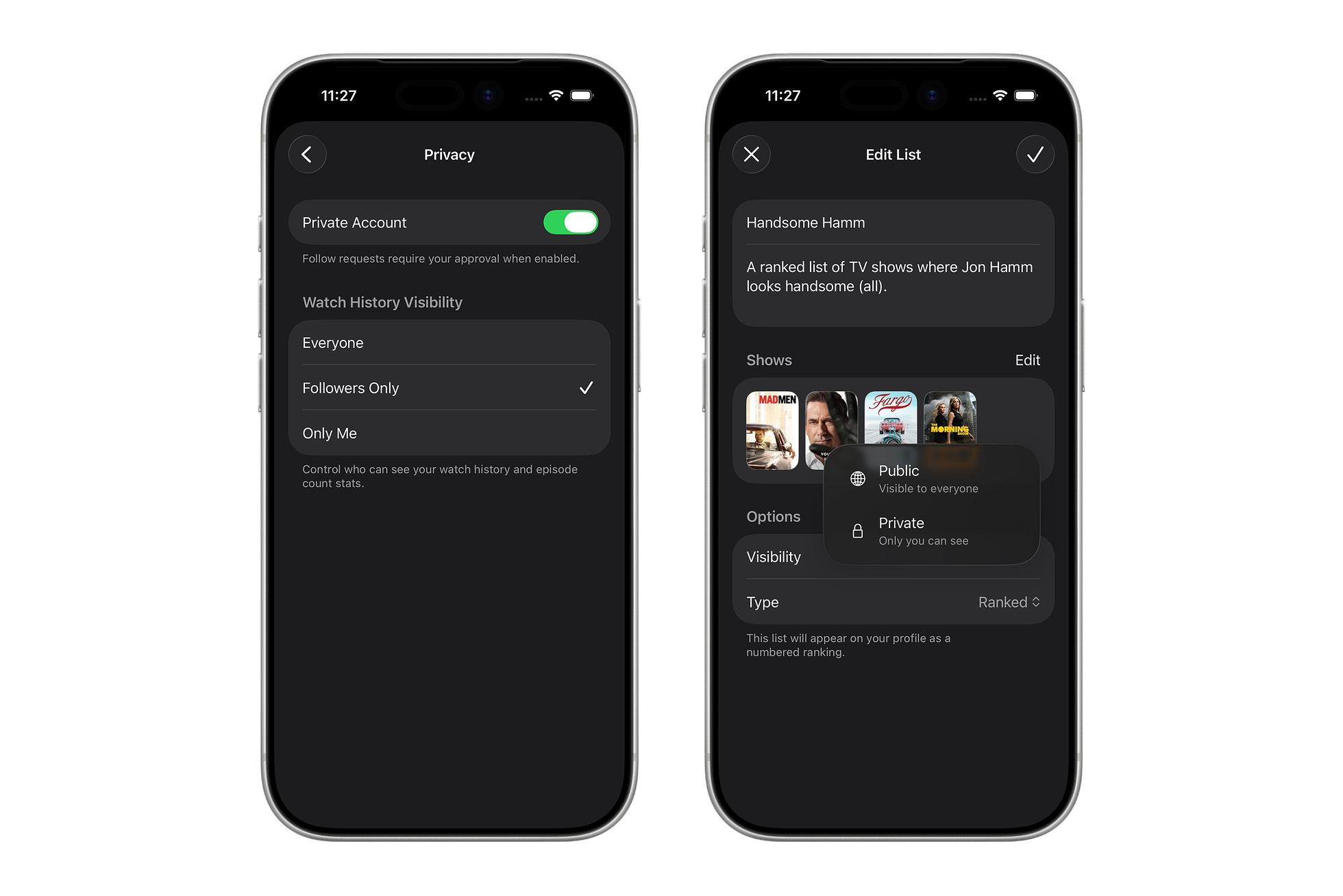 Two of NextUp's privacy settings screens: watch history visibility and list sharing, each defaulting to private with explicit opt-in toggles.